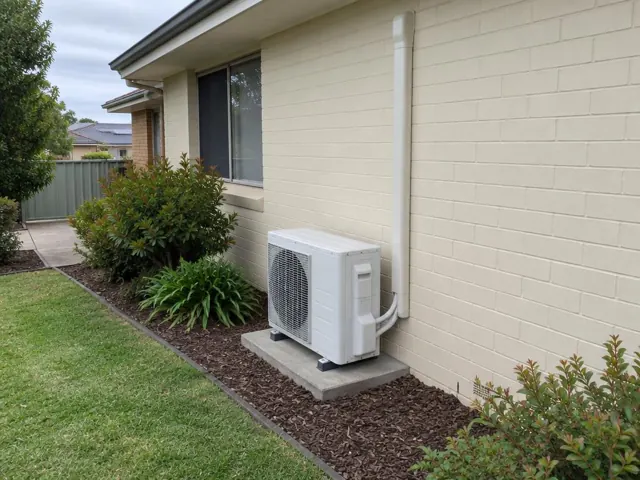 Outdoor air conditioner unit on a concrete pad beside a cream brick house with pipe cover in Mawson Lakes