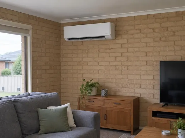 Split system indoor unit mounted on a brick living room wall above a couch in Pooraka